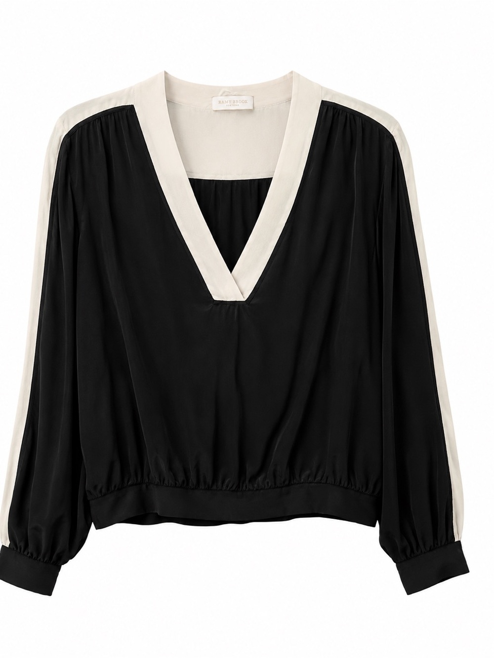Ramy Brook Silk Blend Colorblock V-Neck Blouson Blouse Black Ivory Small